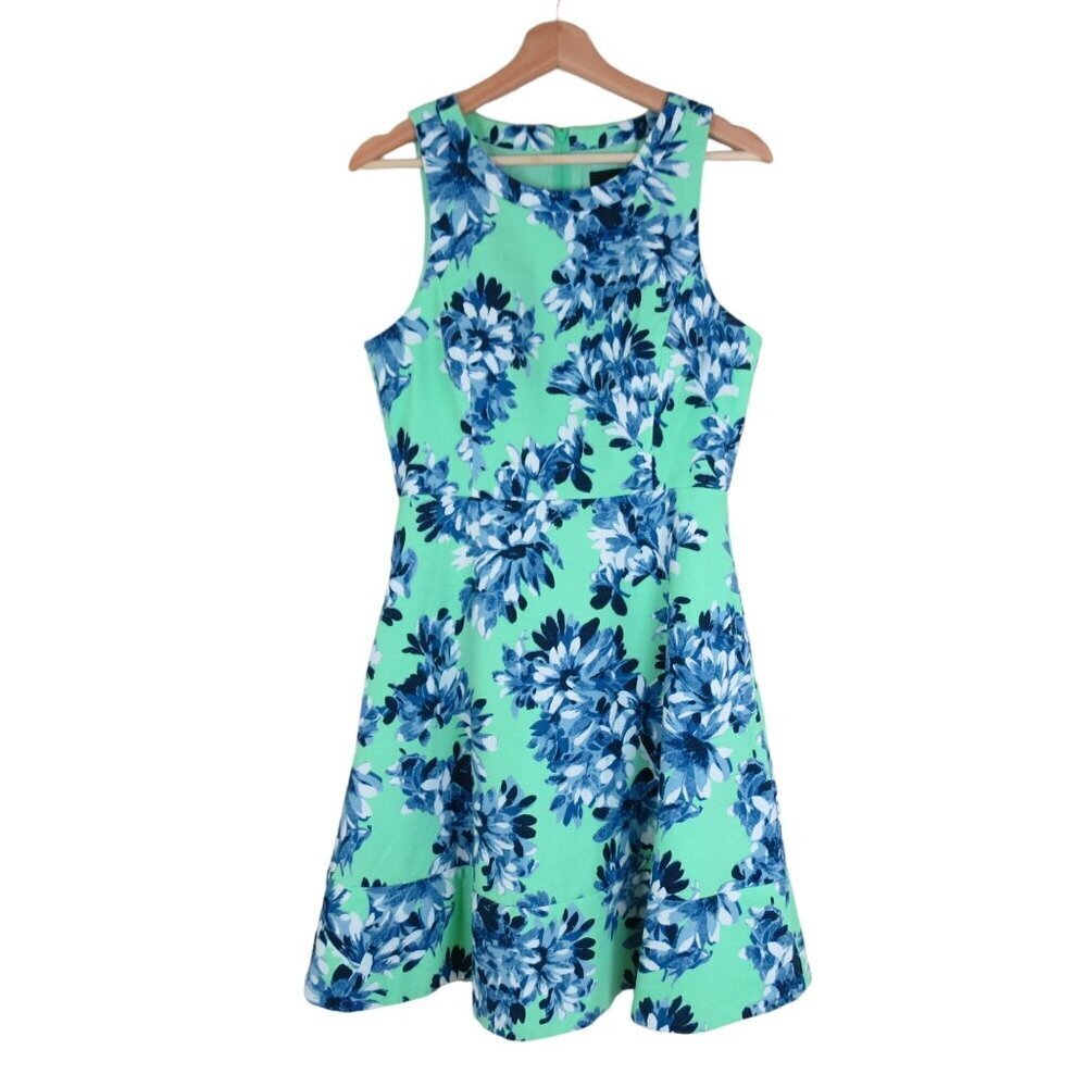 J.CREW Women's Blue Green Floral Pique Fit & Flare Sleeveless Dress Size 6